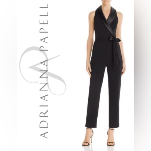 Adrianna Papell Pants - Adrianna Papell Black Satin Trim Jumpsuit